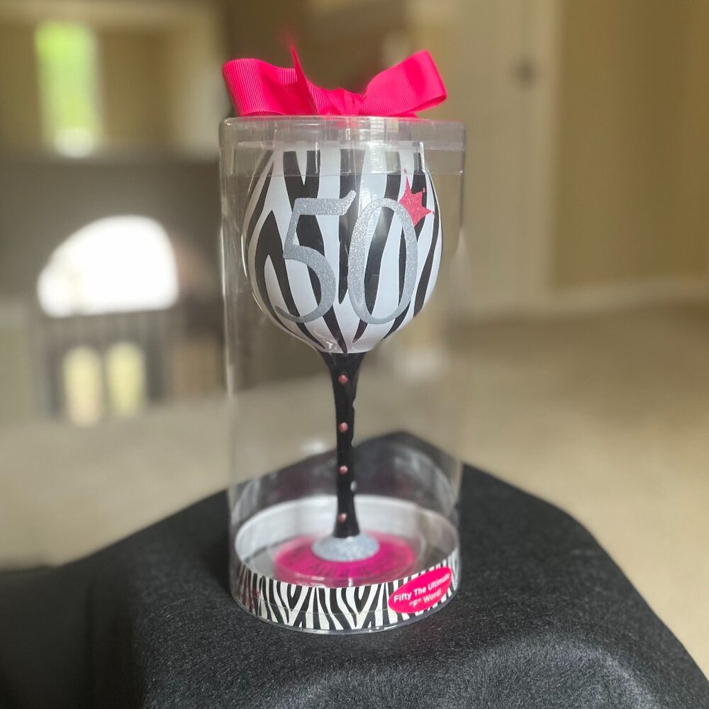 Mud Pie 50th Birthday Painted Wine Glass NEW/Unused and Rare/Discontinued